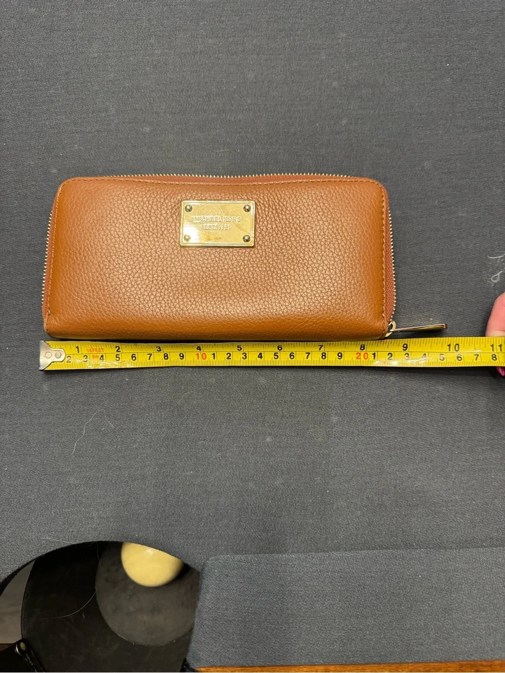 Michael Kors Cognac Pebbled Leather Zip Wallet with Gold Plaque